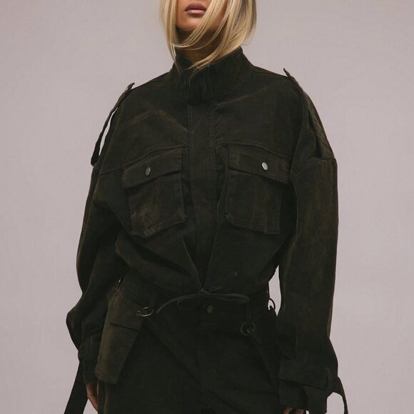 Army Green Casual Women's Velvet Denim Drawstring Cargo Jacket - Picture 1 of 9